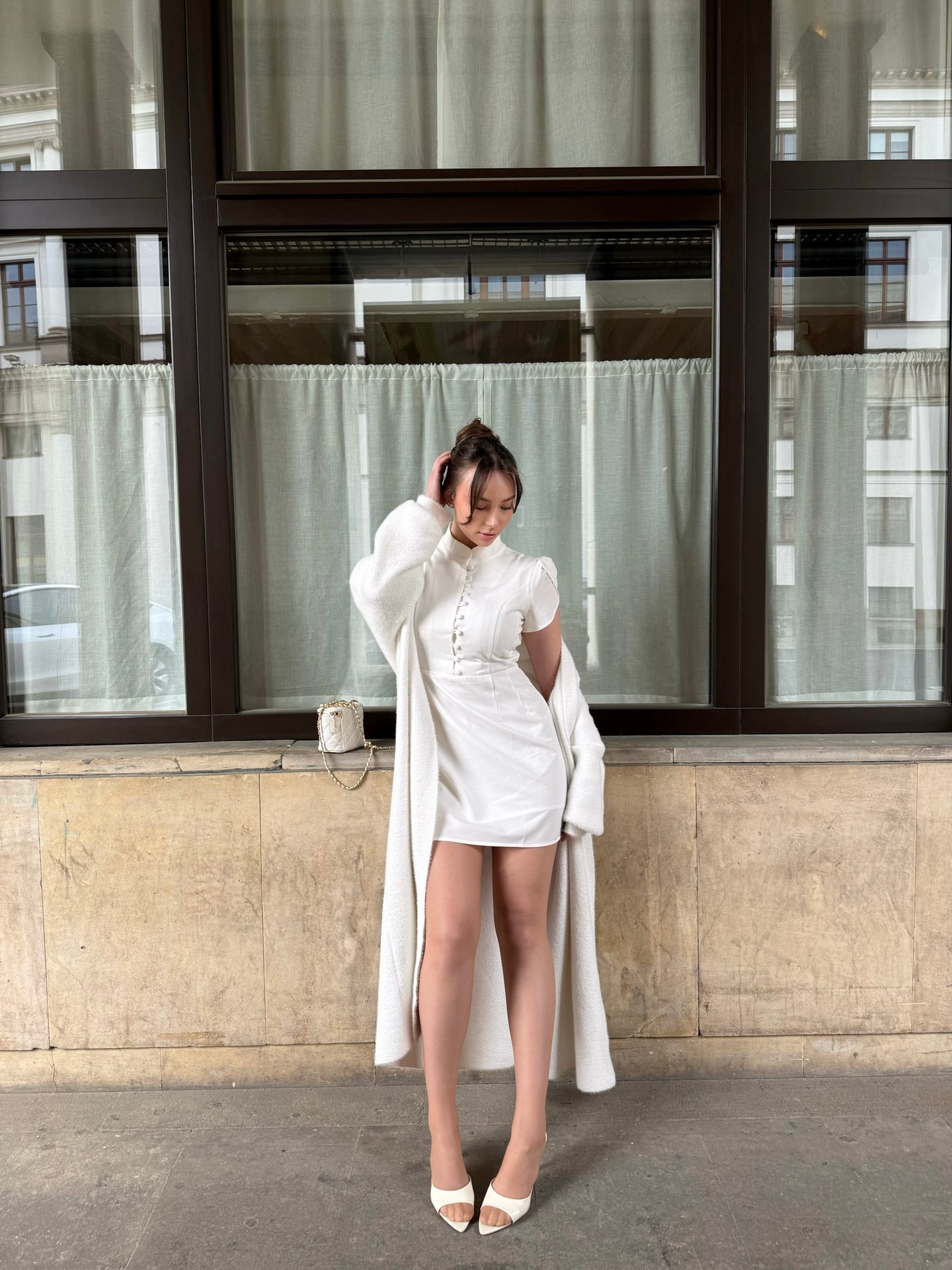 RIHOAS — white mini dress with milky cardigan, frame 1