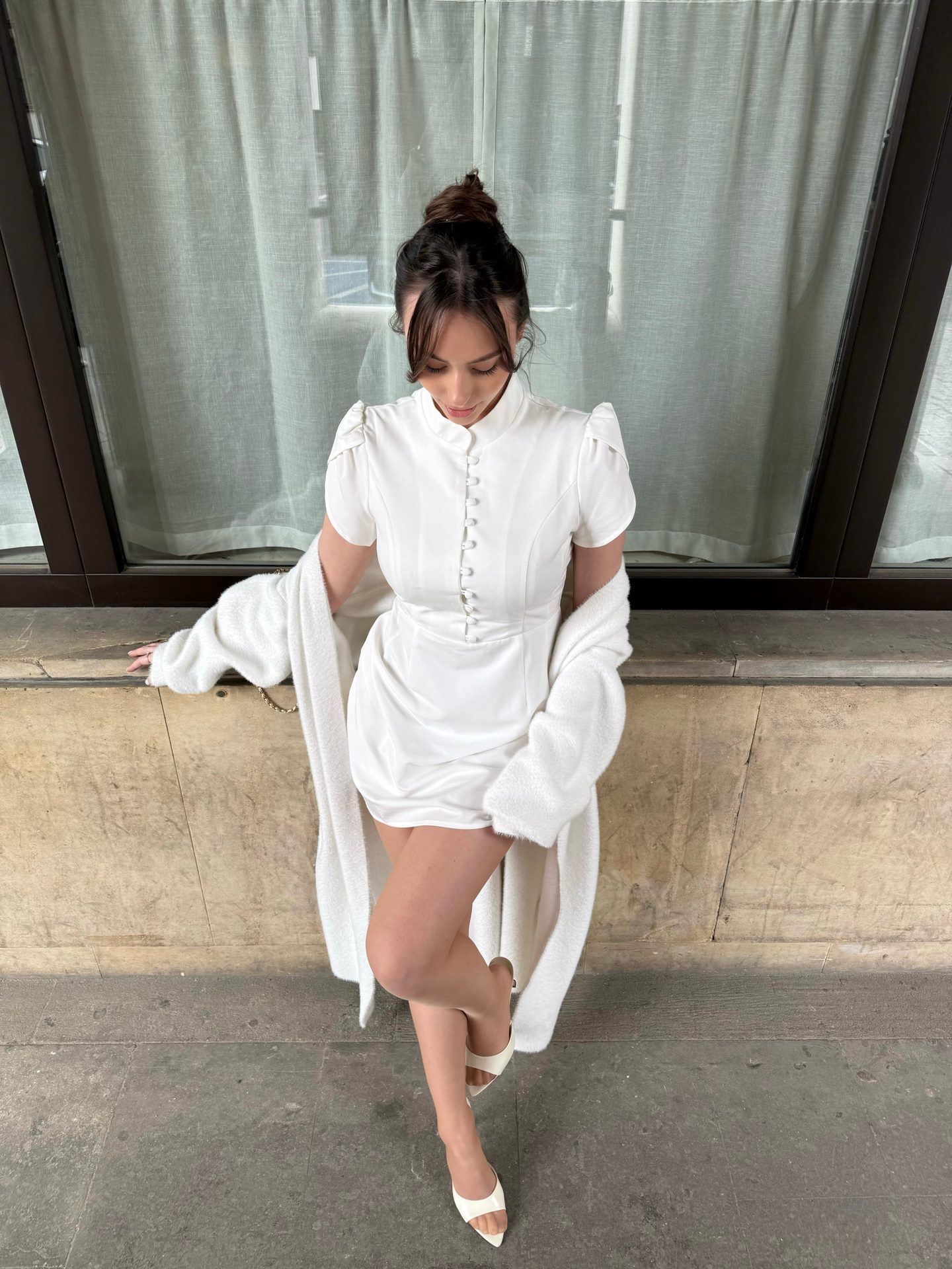 RIHOAS — white mini dress with milky cardigan, frame 2