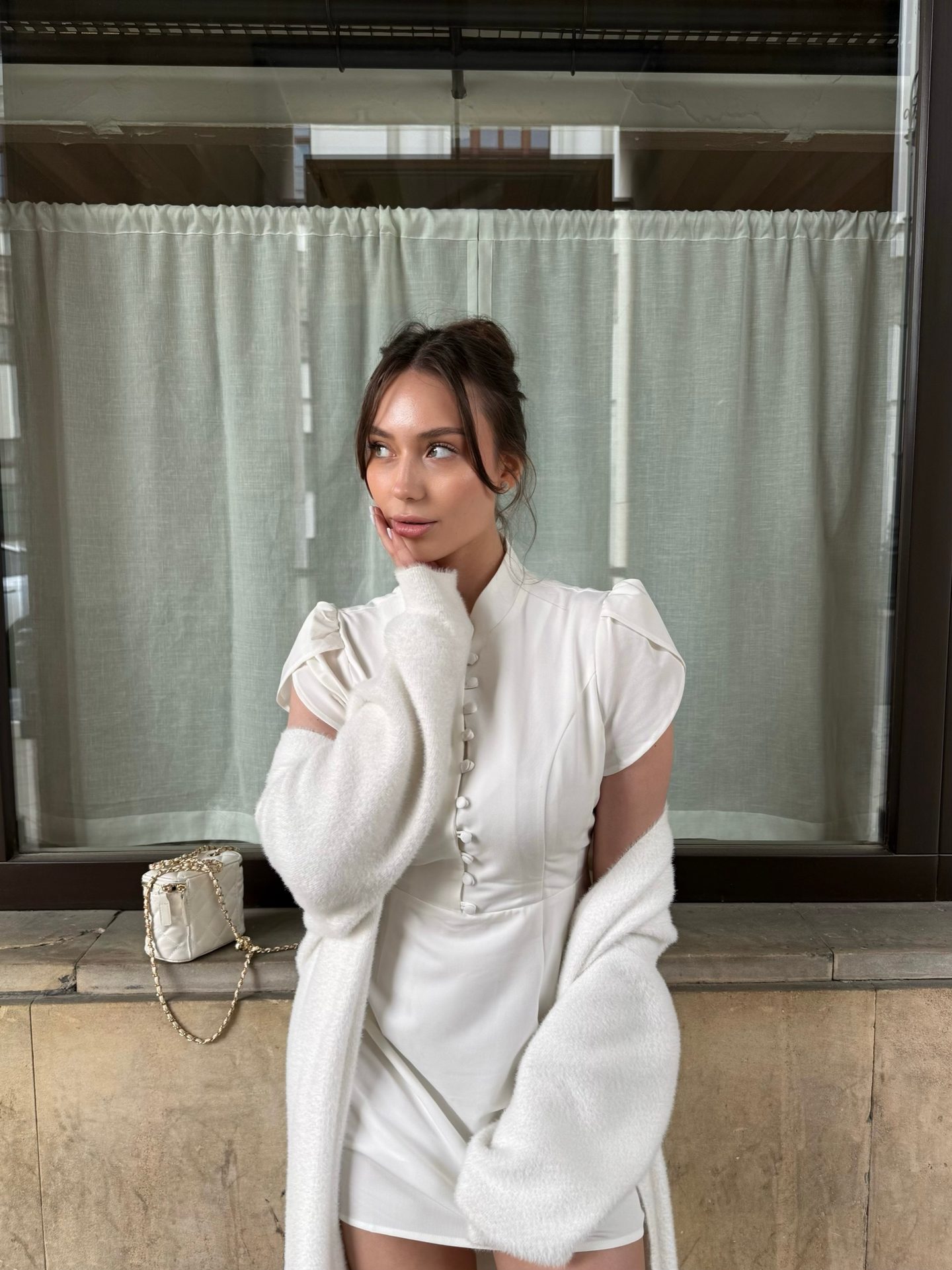 RIHOAS — white mini dress with milky cardigan, frame 3