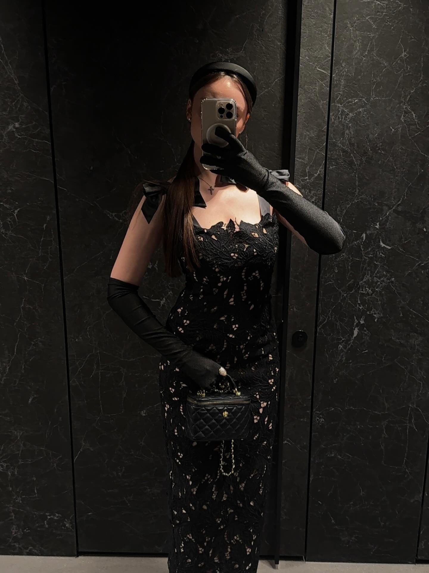Bella Barnett — black lace dress with opera gloves, frame 4